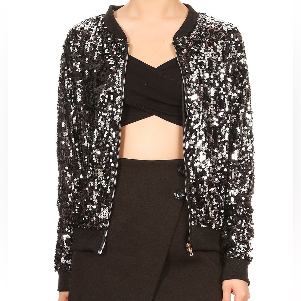 Sequin Bomber Jacket - Black and Silver